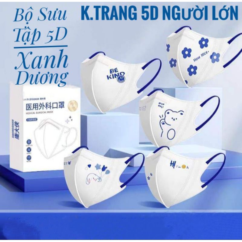 Combo 10/50 Chiếc Bộ Sưu Tập Khẩu Trang Xanh Dương 3D ,5D KN95 Size Người Lớn