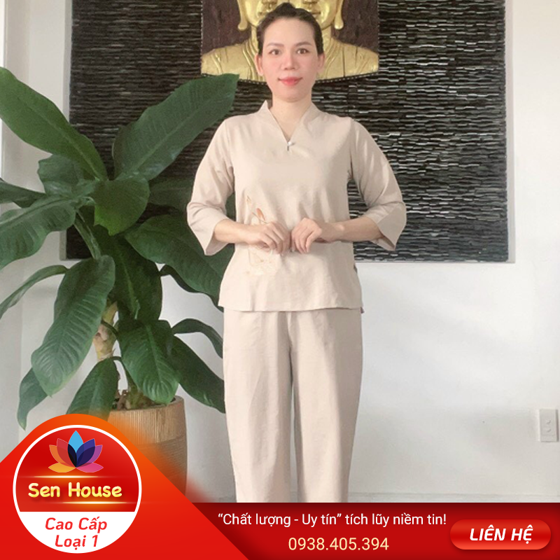 Đồ Lam Đi Chùa Nữ, Áo Đi Chùa Nữ, Áo Tràng Nữ, Pháp Phục Nữ, Mẫu Linen Nút Ngọc Cao cấp, Sen House Shop