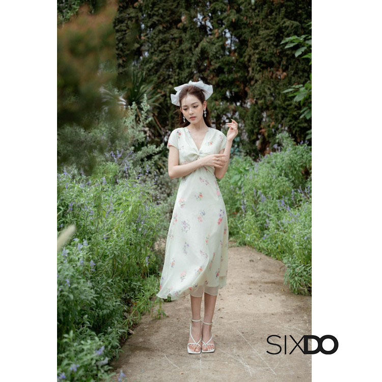 Đầm hoa midi cổ V xoắn ngực thời trang SIXDO-Z (Z-Light Green Floral Midi Dress)