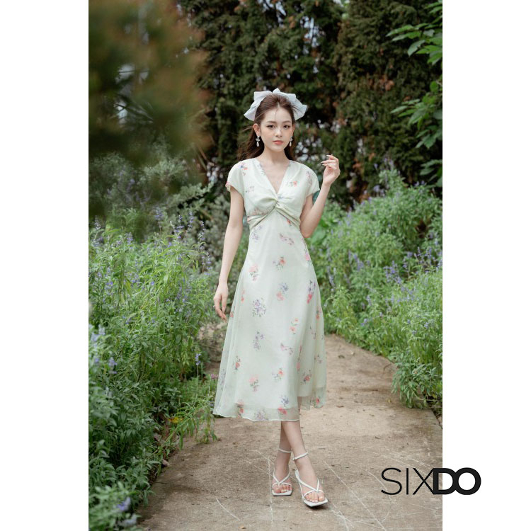 Đầm hoa midi cổ V xoắn ngực thời trang SIXDO-Z (Z-Light Green Floral Midi Dress)