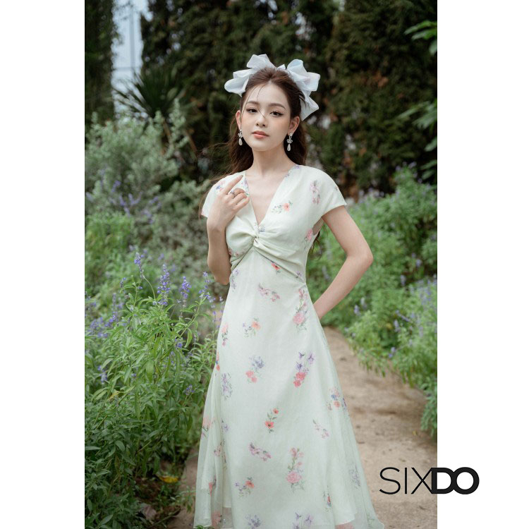 Đầm hoa midi cổ V xoắn ngực thời trang SIXDO-Z (Z-Light Green Floral Midi Dress)