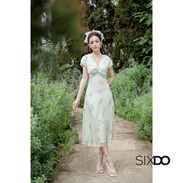 Đầm hoa midi cổ V xoắn ngực thời trang SIXDO-Z (Z-Light Green Floral Midi Dress)