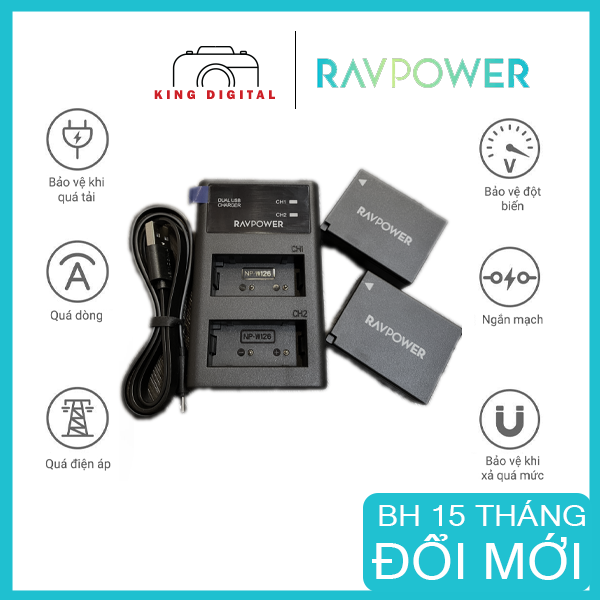 Bộ 2 pin+1 Sạc nhanh Fujifilm NP-W126S Ravpower dùng cho máy ảnh Fujifilm FinePix, X-A5, X-H1, X-A10, X100F, X-T10,...