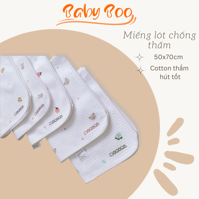 Lót chống thấm Monona siêu mềm, thâm hút tốt, thiết kế 2 lớp, mặt trên cotton, mặt dưới nilon 50x70cm cho bé Babyboo