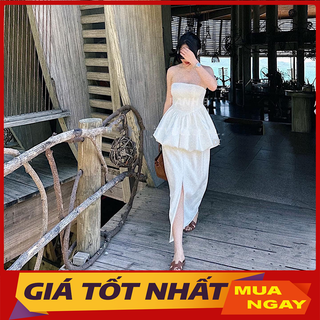 Set Đồ Nữ Áo Quây Nhún Gấu Mix Chân Váy Xẻ Dài Hàng Quảng Châu SB4064 - Yamy888