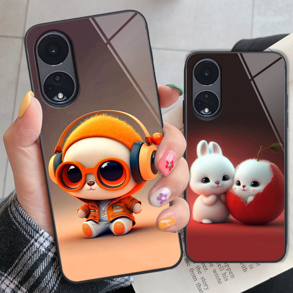 Ốp kính Oppo Reno 8T / Reno 8T 5G in hình gấu thỏ cute dễ thương, cá tính xinh xắn