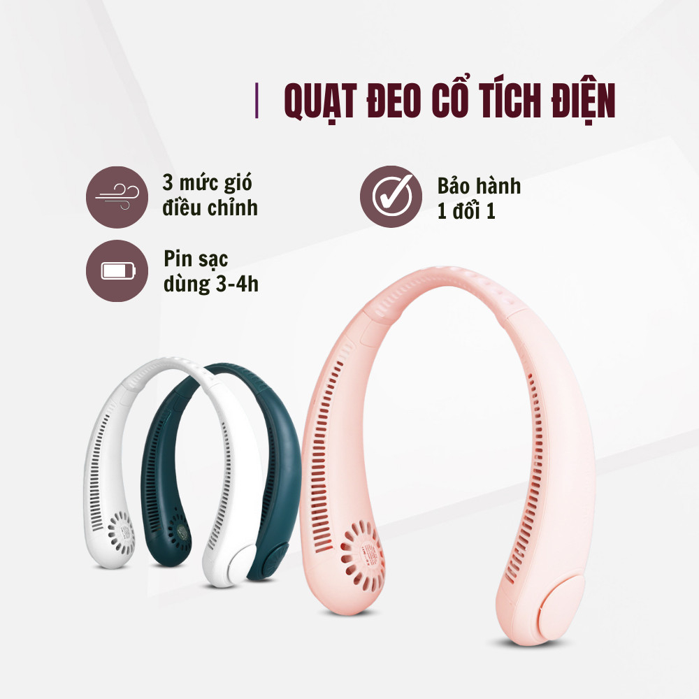 Quạt Đeo Cổ USB Mini Tích Điện Không Cánh Tiện Lợi, Có 3 Chế Độ Gió, Dáng Thể Thao Dung Lượng Pin Lớn