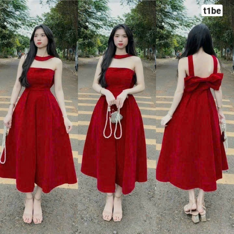 Đầm Nhung cúp ngực kèm chocker đen đỏ siêu hot 💕💕💕U9988