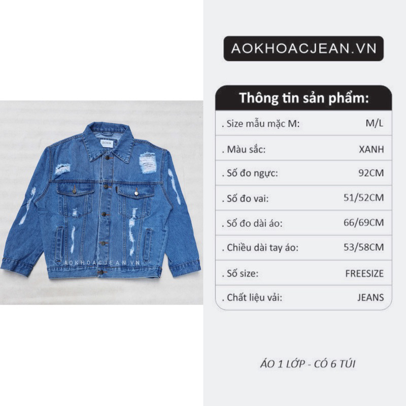 Áo Khoác Jean Rách Unisex nam nữ phong cách ulzzang. Có 6 túi túi trong cao cấp