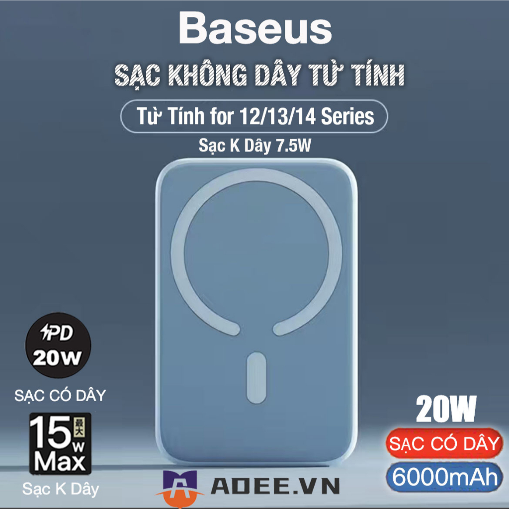 Sạc Dự Phòng Không Dây Baseus 6000mAh /10000mAh PD 20W PPCXW06,Sạc không dây từ tính Max 15W