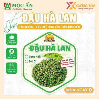 Tem, nhãn dán " đậu hà lan" - lục giác 7x8cm dán thân hộp sẵn keo cán bóng gía rẻ