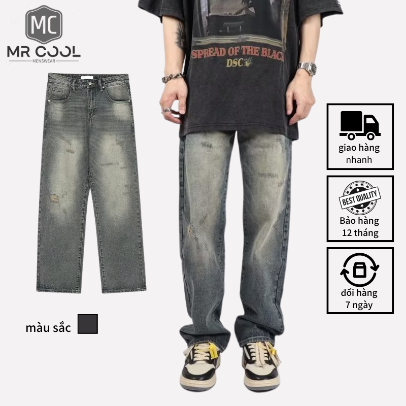 Quần jean nam rách gối xanh ống suông rộng dáng đứng,quần bò nam ống đứng vải jeans bò cao cấp jean nam hàn quốc