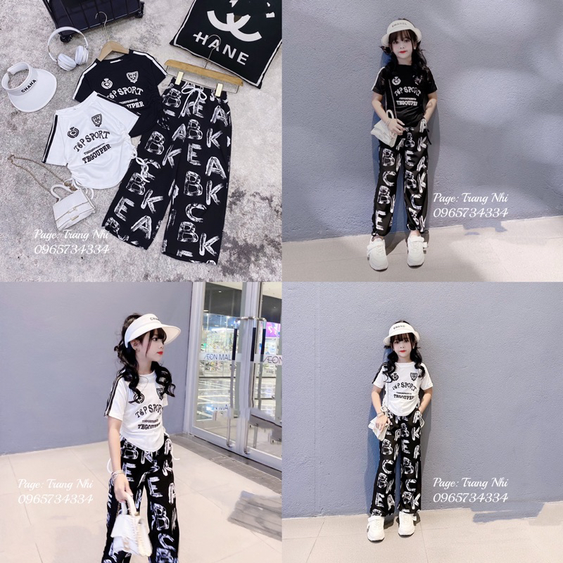 Set áo rút dây + quần lụa chữ sang chảnh cho Bé size đại 17kg - 42kg