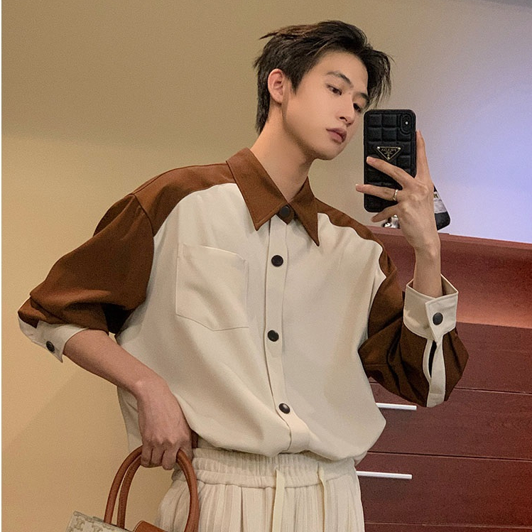 Áo Sơ Mi Dài Tay Raglan Phối Màu Trendy Cúc Bấm Form Rộng Unisex Chất Chéo Hàn Dày Dặn Phong Cách Hàn Quóc
