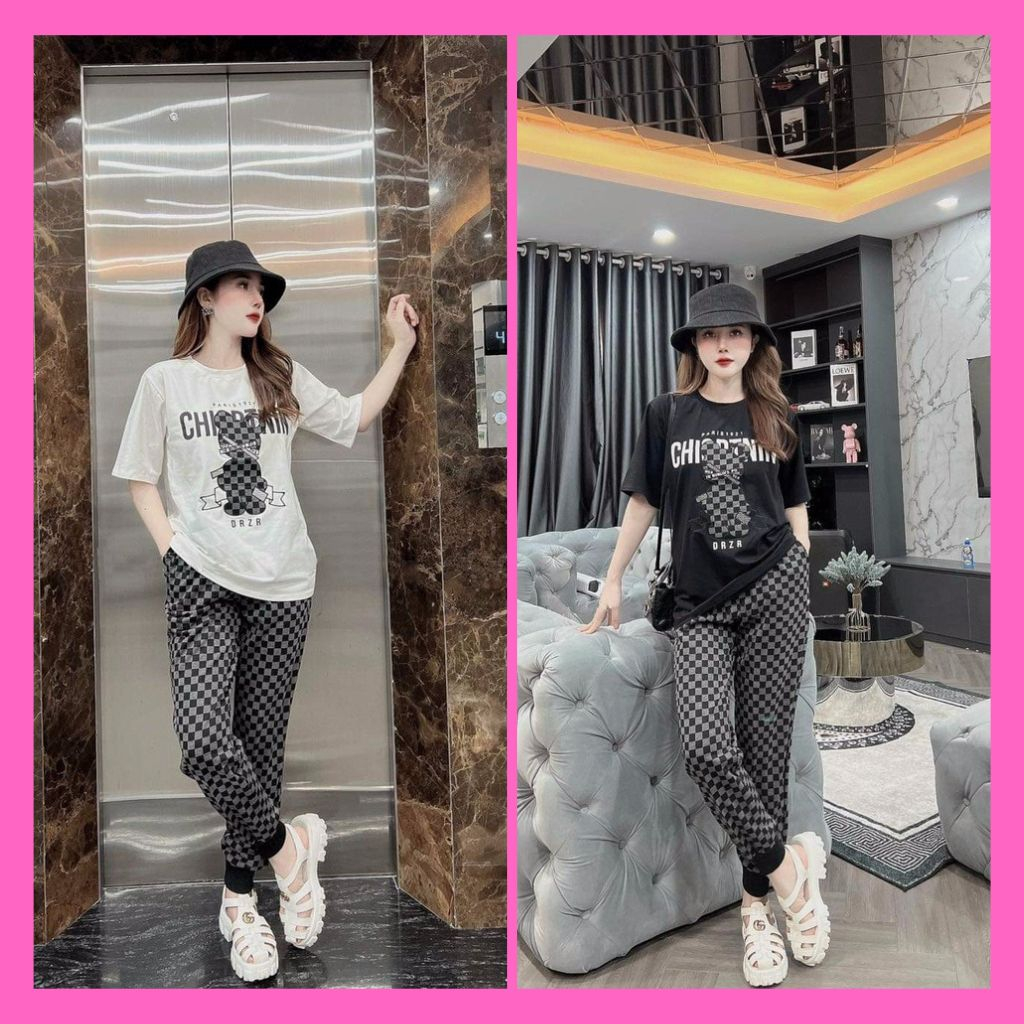 Bộ Thun Thể Thao Nữ, Set Đồ Đi Chơi, Đi tập Nữ Quần Ulzzang Phối Áo Form Rộng Tay Lỡ Thêu Hình Gấu Họa Tiết Năng Động