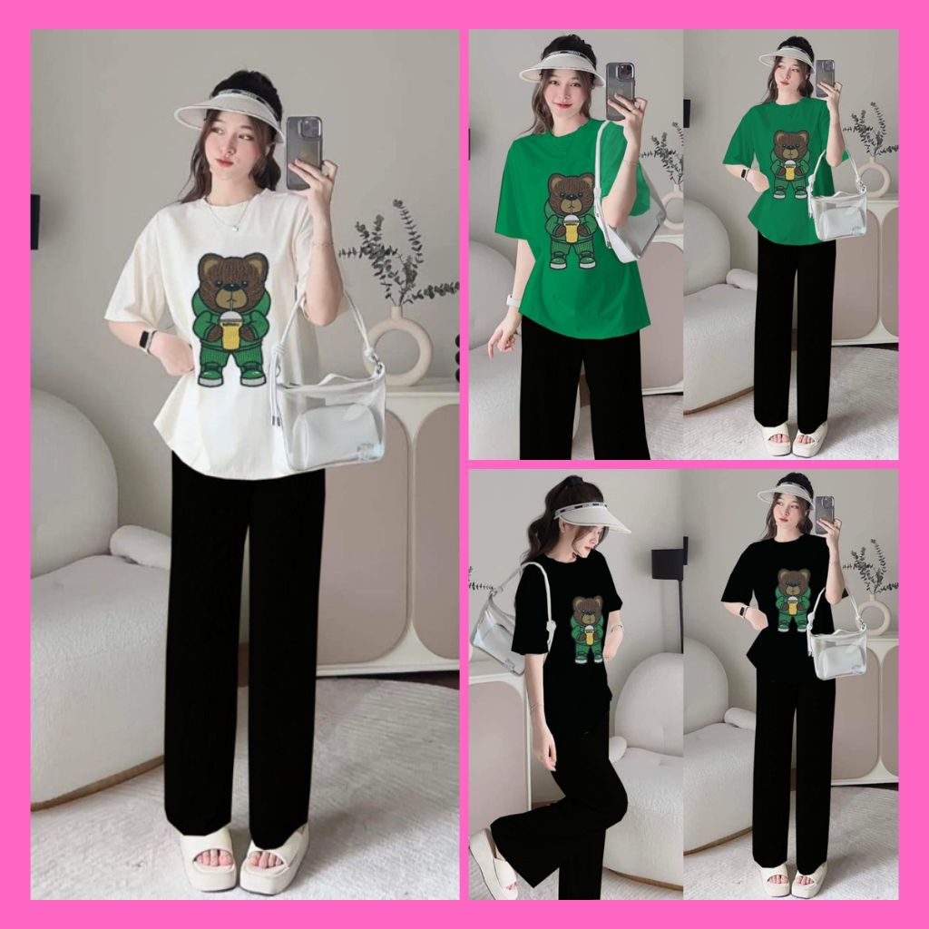 Bộ Thể Thao Nữ Bigsize, Set Đồ Thun Nữ Áo Form Rộng Tay Lỡn Thêu Hình Gấu Phối Quần Dáng Suông Thời Trang Cá Tính