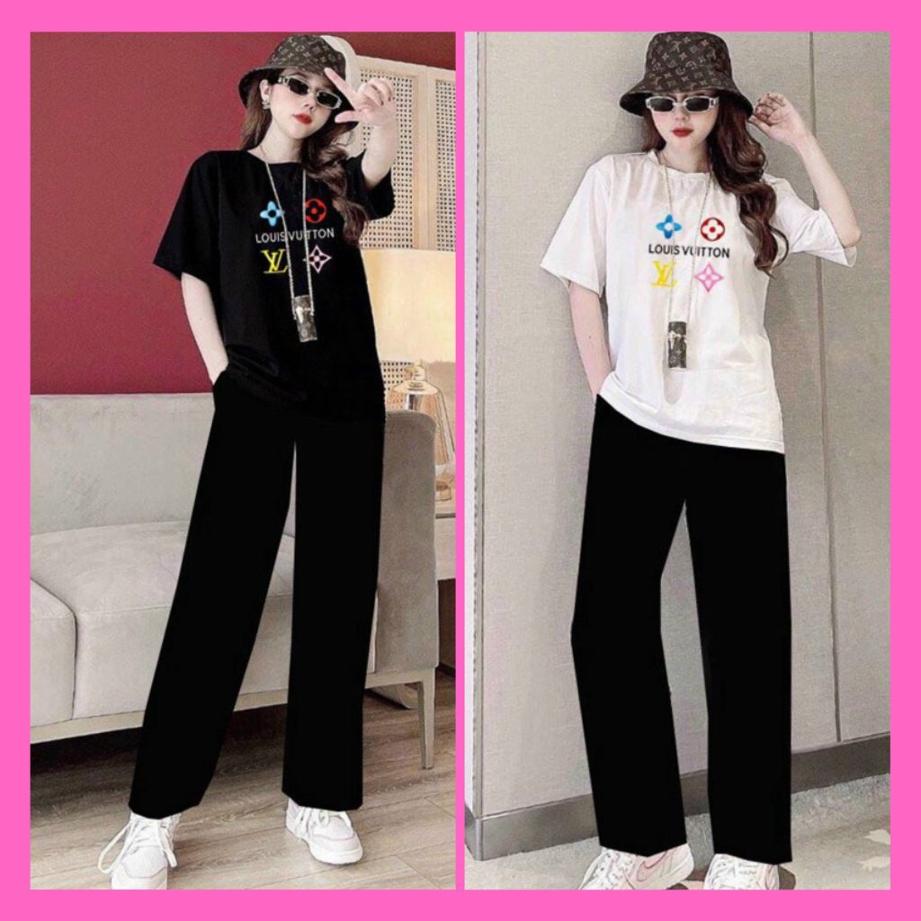 Bộ Thể Thao Nữ, Set Đồ Đi Chơi Nữ Áo Thun Form Rộng Thêu Họa Tiết Nổi Phối Quần Suông Ống Rộng Năng Động Trẻ Trung