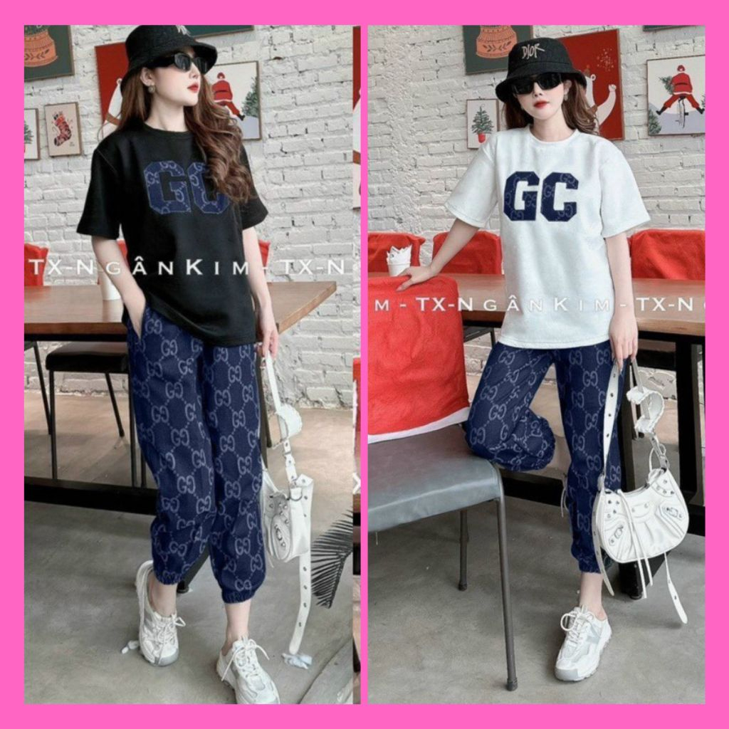 Set Thun Nữ Bigsize, Bộ Thể Thao Nữ Quần Dài Bo Gấu Họa Tiết Áo Tay Lỡ Cổ Tròn Thêu GC Cao Cấp