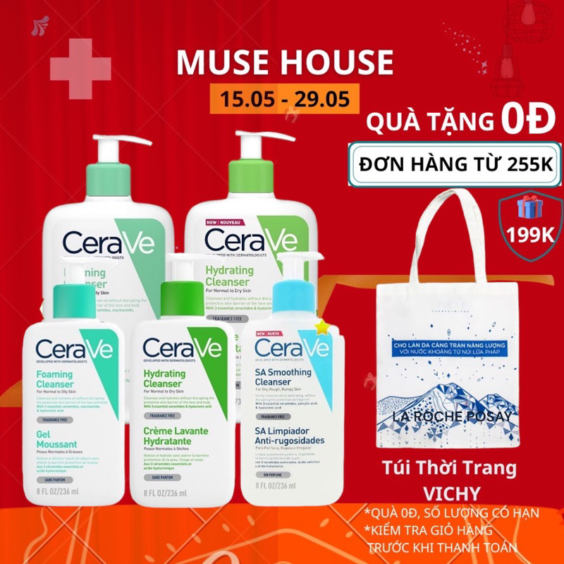 Sữa rửa mặt Cerave giúp làm sạch sâu dịu nhẹ dành cho da dầu da khô 88ml 236ml 473ml - Muse House