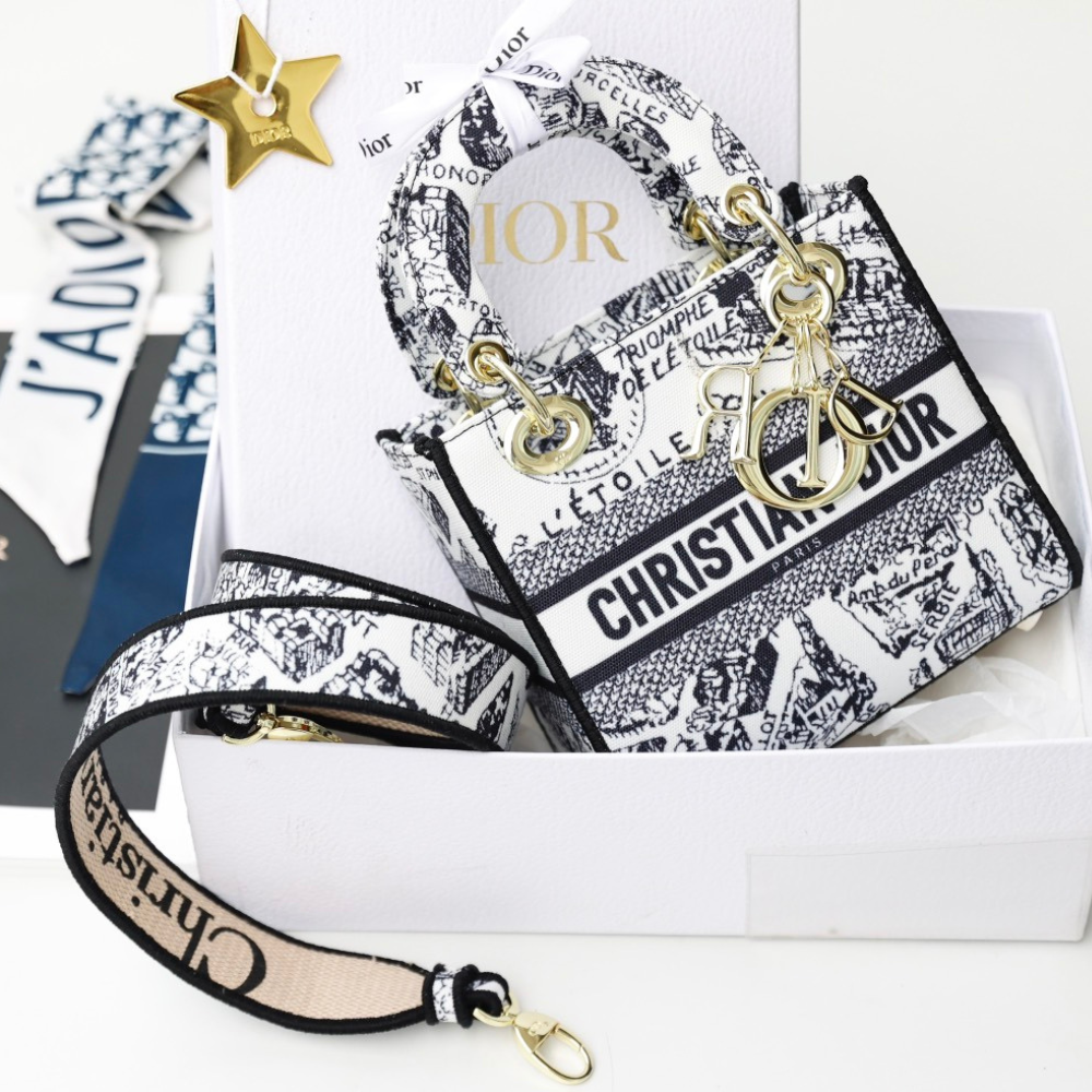 Túi xách nữ Dio Lady D_lite Street,Sz 18-24,Thổ Cẩm,form cứng chuẩn auth, họa tiết Paris cực trending, Bảo Hành 12th