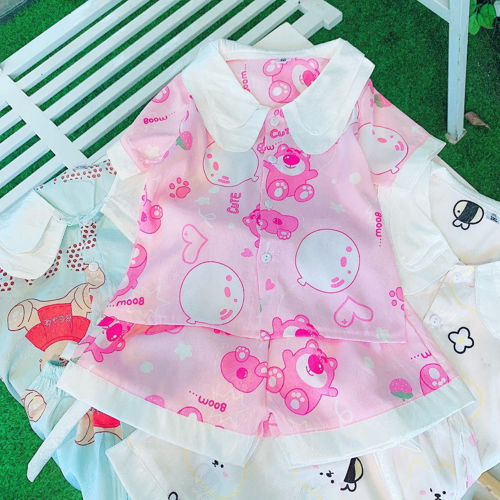 Bộ quần áo bé gái kiểu pijama vải lụa xước 15kg đến 25kg