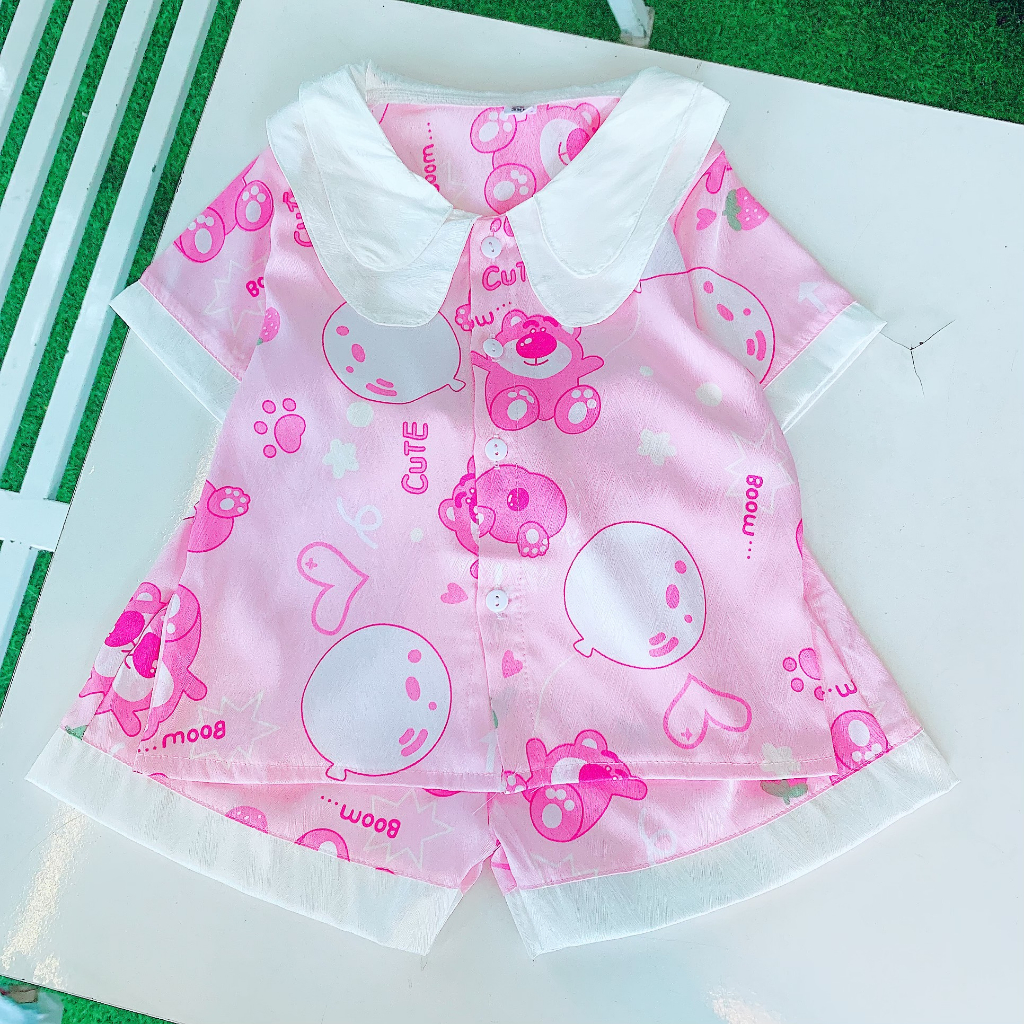 Bộ quần áo bé gái kiểu pijama vải lụa xước 15kg đến 25kg