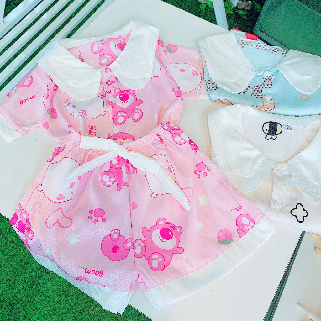 Bộ quần áo bé gái kiểu pijama vải lụa xước 15kg đến 25kg