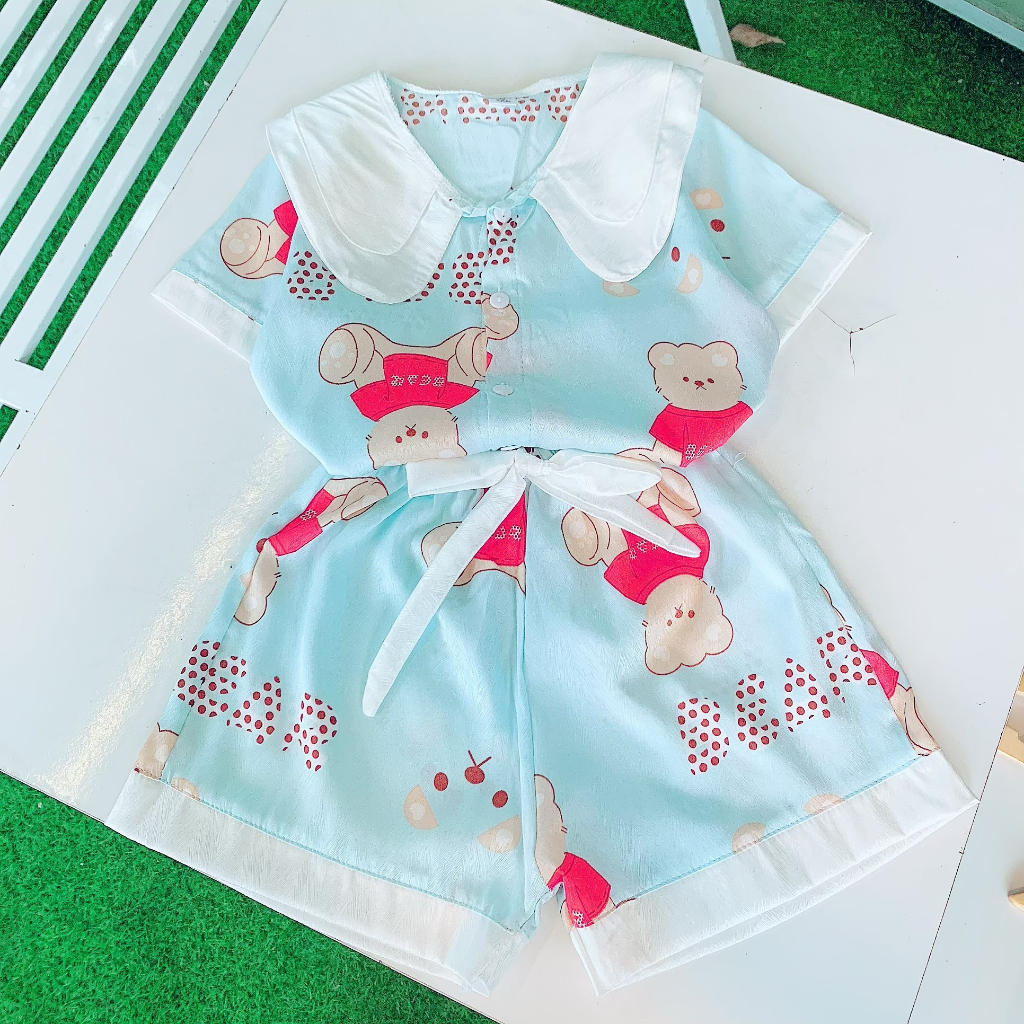 Bộ quần áo bé gái kiểu pijama vải lụa xước 15kg đến 25kg