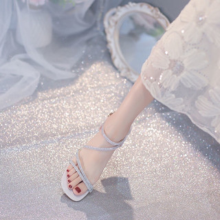 Giày sandal gót vuông phối dây đá cao 5cm