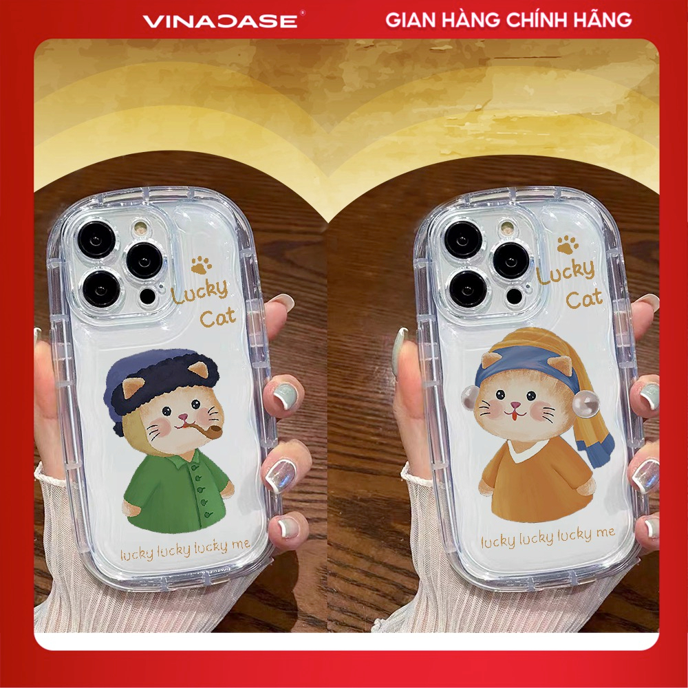 Ốp lưng Vina Case Iphone 7 Plus/X/XS/XR/Xs Max/11/14 Pro/...trong suốt Bóng khí chống sốc hình Lucky Cat