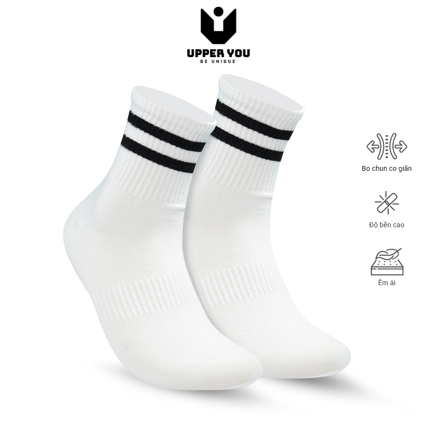Tất vớ cổ cao Unisex kẻ sọc thời trang 3 màu cơ bản UPPER YOU Vớ Cotton nam nữ cổ dài co dãn êm chân khô thoáng