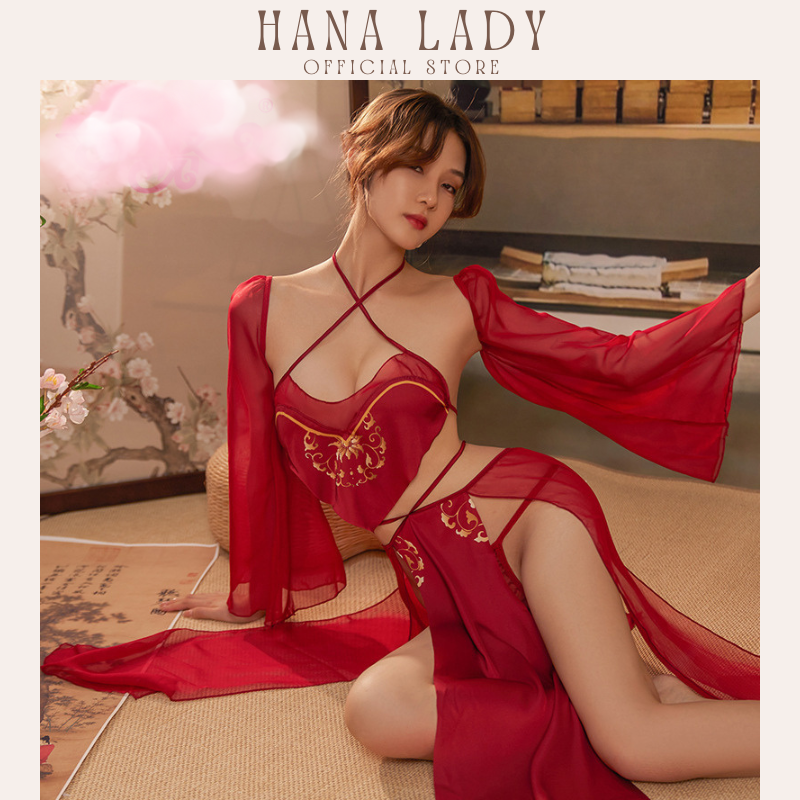 Đồ ngủ nữ yếm xẻ tà tay rời quyến rũ phong cách vương phi sexy HanaLadyStore C296