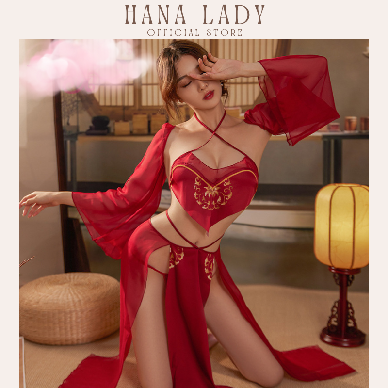 Đồ ngủ nữ yếm xẻ tà tay rời quyến rũ phong cách vương phi sexy HanaLadyStore C296
