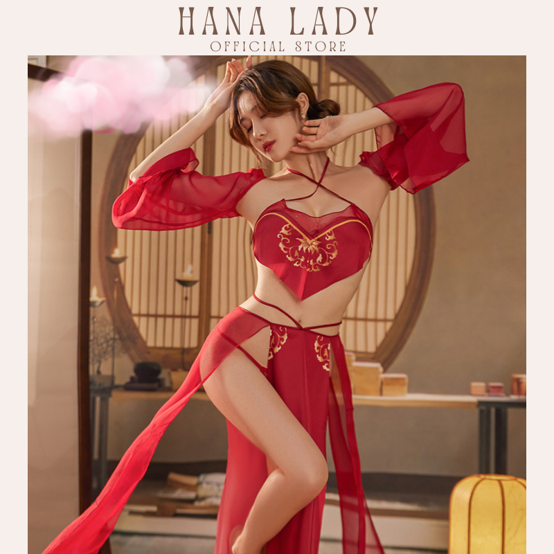 Đồ ngủ nữ yếm xẻ tà tay rời quyến rũ phong cách vương phi sexy HanaLadyStore C296