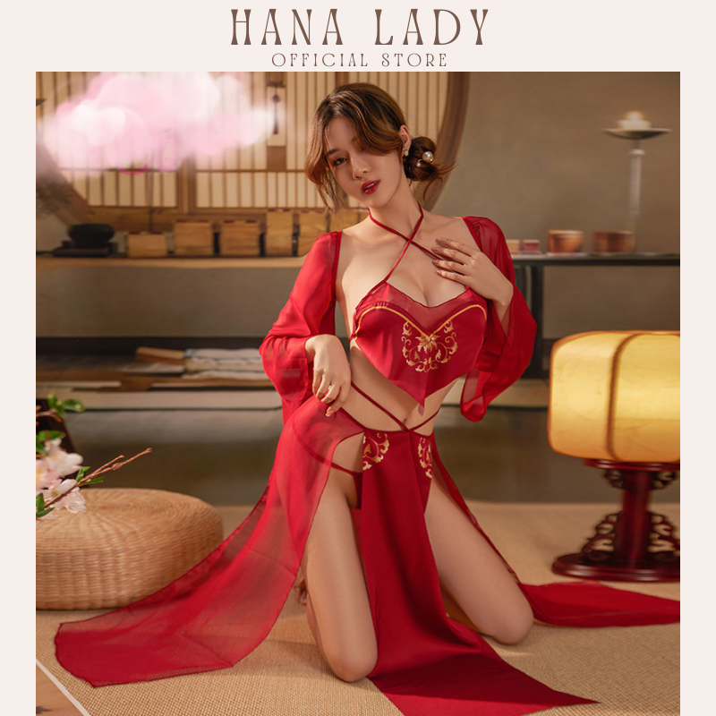 Đồ ngủ nữ yếm xẻ tà tay rời quyến rũ phong cách vương phi sexy HanaLadyStore C296