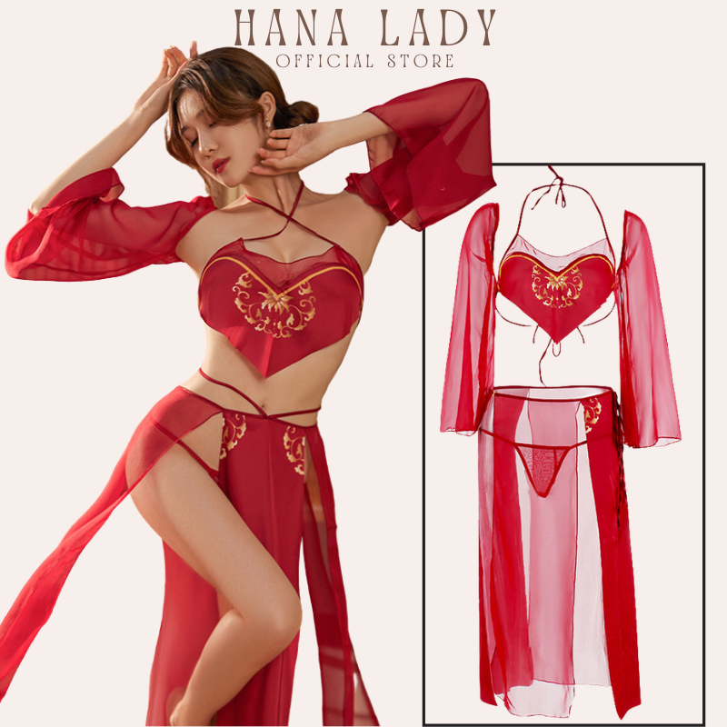 Đồ ngủ nữ yếm xẻ tà tay rời quyến rũ phong cách vương phi sexy HanaLadyStore C296