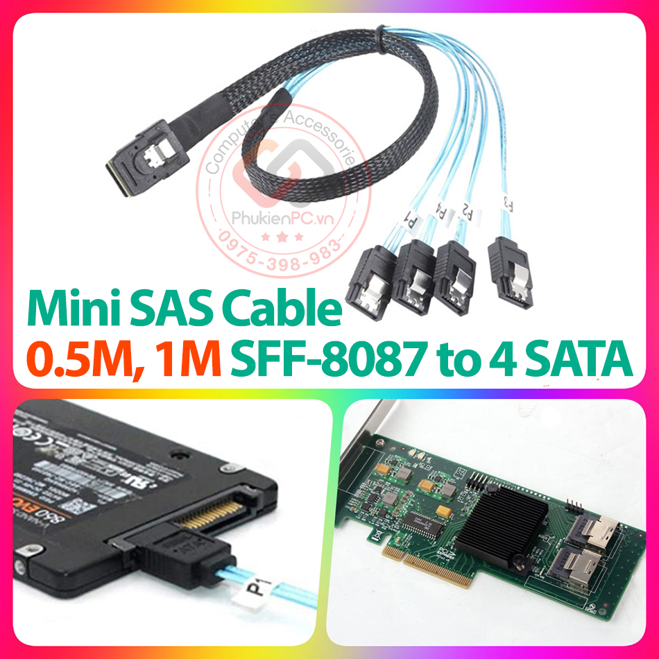 Dây cáp Mini SAS SF-8087 36Pin ra 4 SATA dài 0.5M 1M cho Server máy chủ Workstation kết nối ổ cứng SATA SSD SAS, HDD SAS