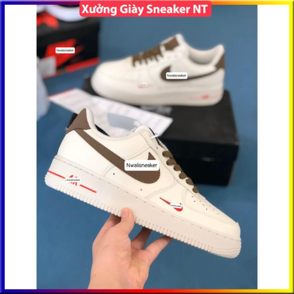 Giày nike_AF1 trắng Full, Giày sneaker nike_air_force 1 vệt nâu White brown nam nữ cao cấp Full Box Bill dễ phối đồ