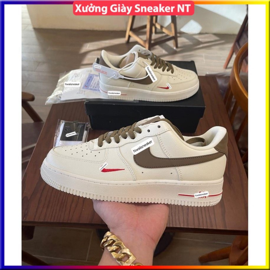 Giày nike_AF1 trắng Full, Giày sneaker nike_air_force 1 vệt nâu White brown nam nữ cao cấp Full Box Bill dễ phối đồ