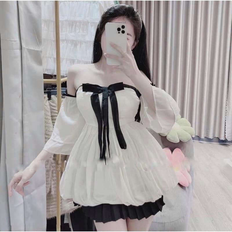 Set bộ nữ phối áo trễ vai dáng babydoll + chân váy đen xếp ly dáng ngắn siêu hot trend A01