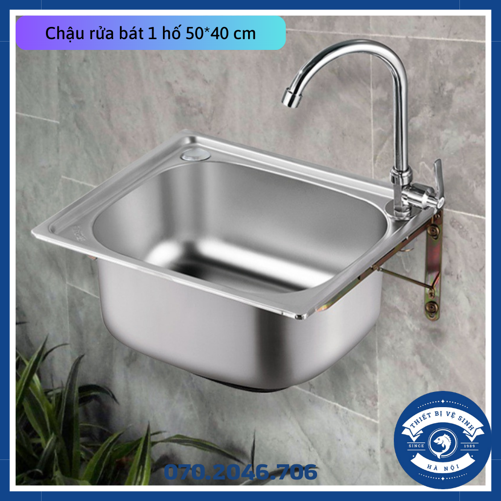 Bồn rửa chén bát 1 hố chậu rửa bát đơn kích thước 50x40cm chất liệu inox 304 - Tặng kèm bộ xi phông