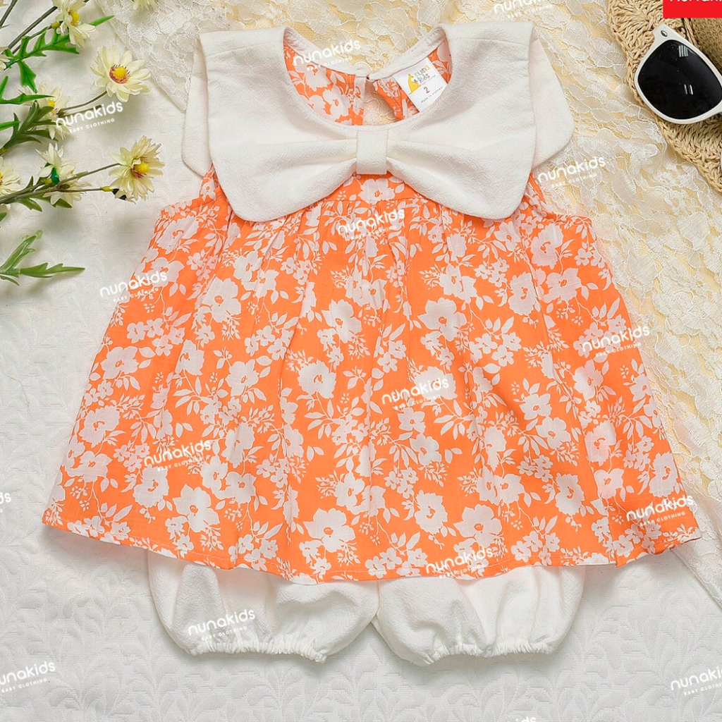 Bộ ngắn vải Bigbaby chất đũi mềm mát họa tiết hoa cam cổ nơ cho bé 9-27kg