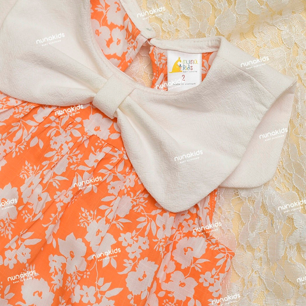 Bộ ngắn vải Bigbaby chất đũi mềm mát họa tiết hoa cam cổ nơ cho bé 9-27kg