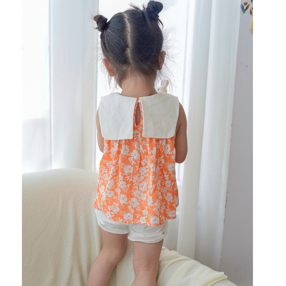 Bộ ngắn vải Bigbaby chất đũi mềm mát họa tiết hoa cam cổ nơ cho bé 9-27kg