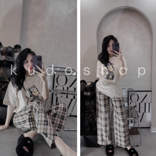 Set áo thun form rộng, tay lỡ in hình mèo phối cùng quần kẻ thô mềm phong cách ulzzang thoáng mát KUDOSHOP