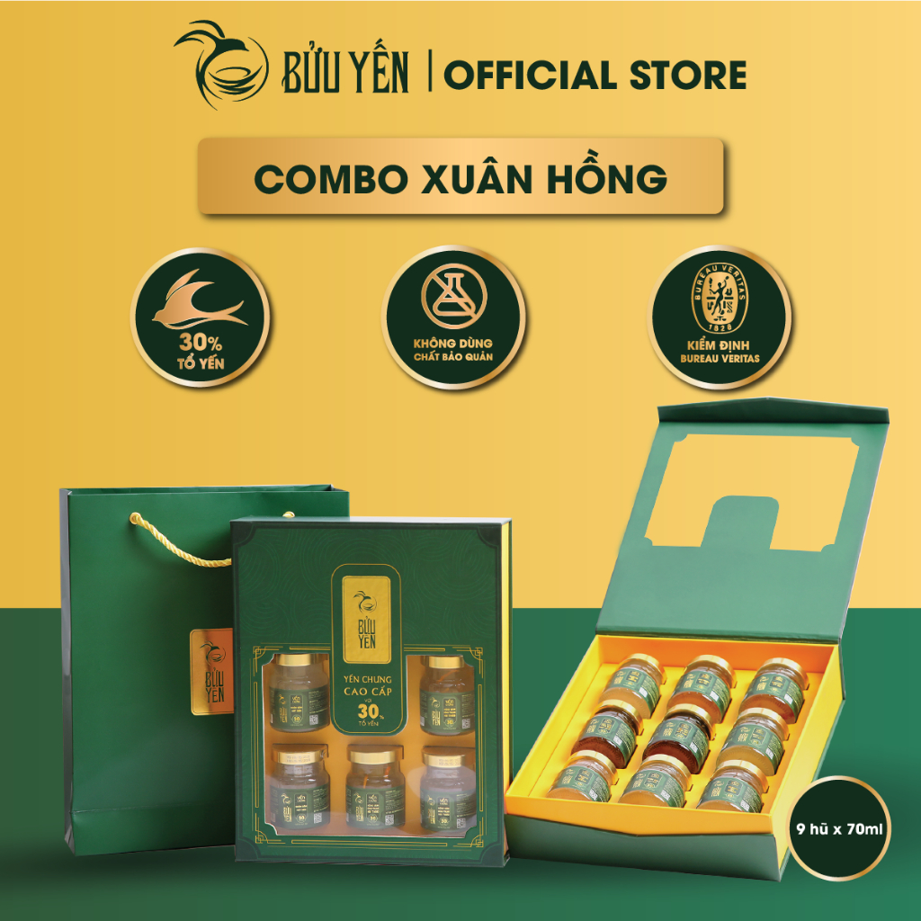 Hộp Quà Tặng 9 Hũ 3 Vị Yến Chưng Xuân Hồng với 30% Tổ Yến Sợi Cao Cấp Bửu Yến