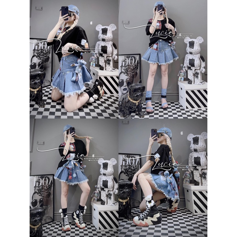 Chân váy jeans 13de marzo xếp ly đính gấu bông đáp vải kẻ đỏ