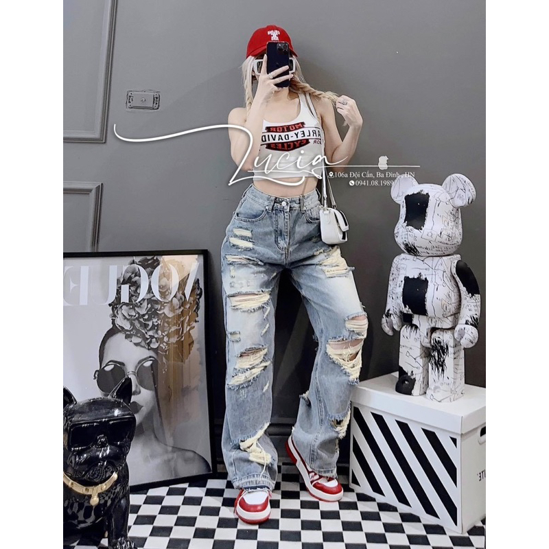 Quần jeans suông rách mài bạc