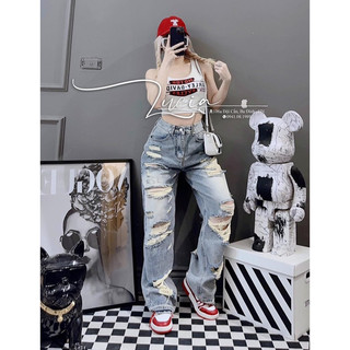 Quần jeans suông rách mài bạc