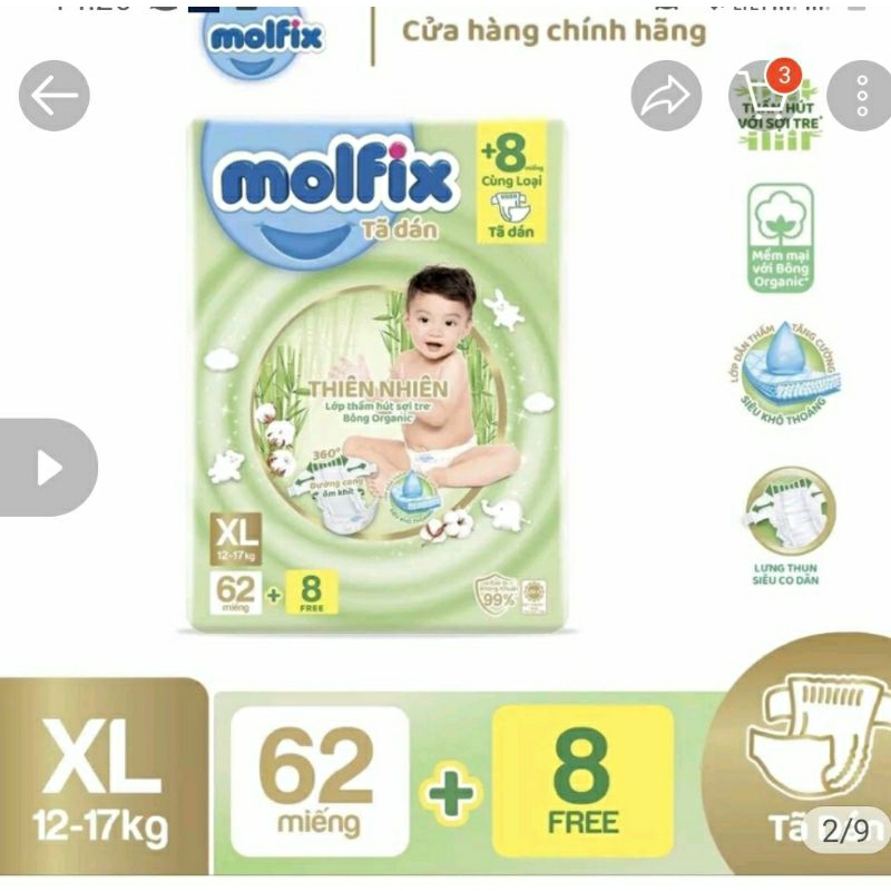 Bỉm quần Molfix M76, L68  XL62, XXL56 (cộng 8 miếng)(mẫu mới siêu mỏng)